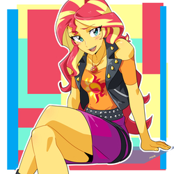 Size: 2550x2550 | Tagged: safe, artist:rustyartist, sunset shimmer, human, equestria girls, g4, my little pony equestria girls: better together, abstract background, anime, blushing, breasts, crossed legs, cute, female, geode of empathy, high res, jewelry, looking at you, magical geodes, necklace, open mouth, open smile, shimmerbetes, smiling, smiling at you, solo, stupid sexy sunset shimmer