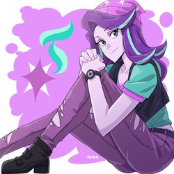 Size: 2048x2048 | Tagged: safe, artist:rustyartist, starlight glimmer, equestria girls, g4, mirror magic, spoiler:eqg specials, cute, cutie mark background, female, glimmerbetes, high res, looking at you, sitting, smiling, solo