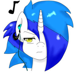 Size: 3431x3375 | Tagged: artist needed, source needed, safe, oc, oc:zerox, pony, unicorn, blue hair, headphones, high res, serious, serious face, solo, yellow eyes