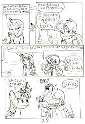 Size: 2101x3080 | Tagged: safe, artist:oneovertwo, twilight sparkle, oc, oc:evenfall, oc:eventide, oc:glimmer, pony, satyr, comic:eventide & evenfall comic, g4, comic, female, high res, monochrome, mother and daughter, newspaper, offspring, parent:sunset shimmer