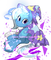 Size: 1300x1520 | Tagged: safe, artist:potetecyu_to, trixie, pony, unicorn, g4, cape, clothes, female, hat, looking at you, magic, mare, solo, trixie's cape, trixie's hat