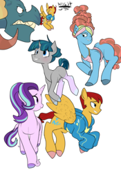 Size: 3500x5000 | Tagged: safe, artist:heyerika, dragon lord torch, flash magnus, meadowbrook, starlight glimmer, stygian, earth pony, pegasus, pony, unicorn, g4, angry, clothes, dragon lord torch is not amused, female, jacket, leonine tail, lord torch is not amused, male, mare, modern fashion, simple background, socks, stallion, taunting, this will end in death, this will end in tears, this will end in tears and/or death, torch is not amused, transparent background, unamused, unshorn fetlocks, wonderbolts jacket