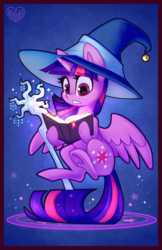 Size: 582x900 | Tagged: safe, artist:meekcheep, twilight sparkle, alicorn, pony, g4, book, fantasy class, female, hat, mage, mare, solo, staff, twilight sparkle (alicorn), underhoof, wizard hat