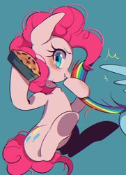 Size: 1433x1983 | Tagged: safe, alternate version, artist:setoya, pinkie pie, rainbow dash, earth pony, pegasus, pony, g4, secrets and pies, blue background, chromatic aberration, female, food, looking at you, mare, pie, simple background