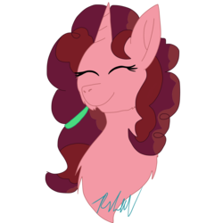 Size: 2048x2048 | Tagged: safe, artist:artisticfangirl7, oc, oc only, oc:apple butter (ice1517), pony, unicorn, icey-verse, bust, eyes closed, female, high res, mare, offspring, parent:big macintosh, parent:sugar belle, parents:sugarmac, simple background, solo, transparent background