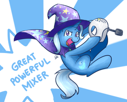 Size: 1280x1024 | Tagged: safe, artist:sugar morning, derpibooru exclusive, trixie, pony, unicorn, g4, advertising, cape, clothes, cute, female, funny, hat, jumping, looking at you, mare, mixer, open mouth, solo, sunburst background, trixie's cape, trixie's hat