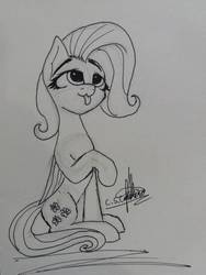 Size: 774x1032 | Tagged: safe, artist:ironbeastz, fluttershy, pegasus, pony, g4, female, monochrome, sitting, solo, tongue out, traditional art