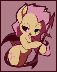 Size: 1156x1468 | Tagged: safe, artist:ccc, fluttershy, bat pony, pegasus, pony, g4, female, flutterbat, pink background, race swap, simple background, solo, spear, tongue out, weapon