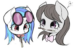 Size: 1421x923 | Tagged: safe, artist:ccc, dj pon-3, octavia melody, vinyl scratch, earth pony, pony, unicorn, g4, baton, bow, cute, female, food, glasses, mare, pocky, simple background, white background