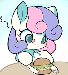 Size: 964x1077 | Tagged: safe, artist:ccc, bon bon, sweetie drops, earth pony, pony, g4, adorabon, burger, cute, female, food, fork, hay burger, knife, mare, music notes, solo, tongue out