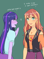 Size: 768x1024 | Tagged: safe, artist:extraluna, sunset shimmer, twilight sparkle, equestria girls, equestria girls specials, g4, my little pony equestria girls: better together, my little pony equestria girls: forgotten friendship, blushing, female, geode of empathy, lesbian, ship:sunsetsparkle, shipping, simple background