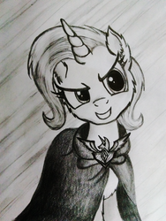 Size: 2448x3264 | Tagged: safe, trixie, pony, unicorn, g4, alicorn amulet, antagonist, drawing, evil, female, high res, mare, monochrome, smiling, solo