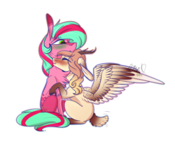Size: 1457x1217 | Tagged: safe, artist:sweetmelon556, oc, oc only, oc:melon seed, oc:snickerdoodle, deer, deer pony, earth pony, original species, peryton, pony, antlers, female, hug, mare, simple background, transparent background, wings