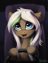 Size: 1370x1782 | Tagged: safe, artist:inowiseei, oc, oc only, oc:lynn, pony, car, cute, driving, female, mare, ocbetes, open mouth, seat, smiling, solo, steering wheel