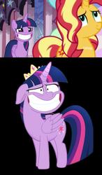 Size: 958x1646 | Tagged: safe, edit, screencap, sunset shimmer, twilight sparkle, alicorn, equestria girls, equestria girls specials, g4, my little pony equestria girls: better together, my little pony equestria girls: forgotten friendship, my little pony: the movie, comparison, crown, faic, grin, jewelry, nervous, nervous smile, regalia, smiling, twilight sparkle (alicorn)