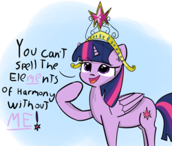 Size: 4800x4075 | Tagged: safe, artist:artiks, twilight sparkle, alicorn, pony, g4, absurd resolution, big crown thingy, blue background, dialogue, element of magic, female, jewelry, mare, regalia, simple background, smug, solo, twilight sparkle (alicorn)