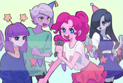 Size: 1819x1228 | Tagged: safe, artist:dusty-munji, limestone pie, marble pie, maud pie, pinkie pie, equestria girls, g4, clothes, cute, dress, equestria girls-ified, female, hair over one eye, hat, microphone, moe, party hat, pie sisters, shirt, siblings, singing, sisters, skirt, sweater