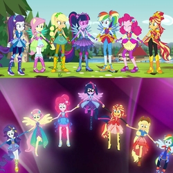 Size: 2048x2048 | Tagged: safe, screencap, applejack, fluttershy, pinkie pie, rainbow dash, rarity, sci-twi, sunset shimmer, twilight sparkle, equestria girls, equestria girls specials, g4, my little pony equestria girls: better together, my little pony equestria girls: forgotten friendship, my little pony equestria girls: legend of everfree, balloon, boots, clothes, comparison, cowboy boots, crystal guardian, crystal wings, female, glasses, high heel boots, high res, humane five, humane seven, humane six, jewelry, outfit, pantyhose, ponied up, ponytail, shoes, sneakers, sparkles, sun, super ponied up, wings
