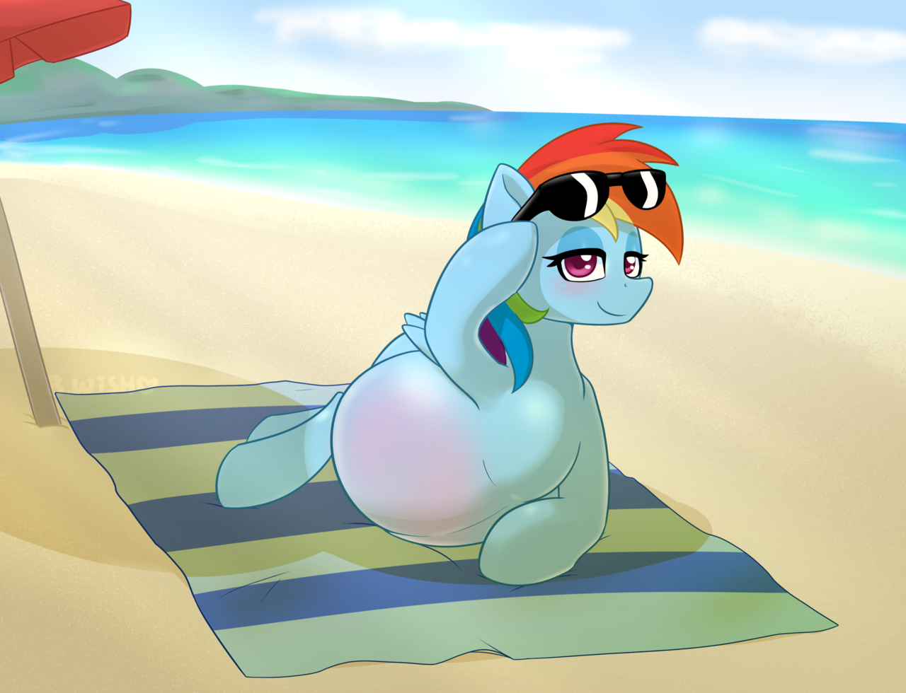 rainbow dash, beach, bedroom eyes, belly, blushing, female, looking at you,...