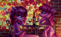 Size: 2756x1690 | Tagged: safe, artist:holivi, berry punch, berryshine, oc, oc:share dast, earth pony, pony, g4, alcohol, chair, commission, duo, female, floppy ears, leaves, looking at you, mare, sitting, smiling, table, tree, wine