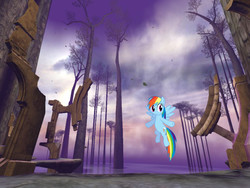 Size: 800x600 | Tagged: safe, artist:tawaki, artist:uxyd, edit, rainbow dash, pegasus, pony, g4, crossover, flet, flying, kadish tolesa, myst, reality ensues, ruins, solo, tree, uru