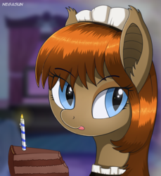 Size: 1868x2035 | Tagged: safe, artist:negasun, oc, oc only, oc:lunette, bat pony, pony, bat pony oc, cake, candle, clothes, female, food, happy birthday, maid, mare, solo