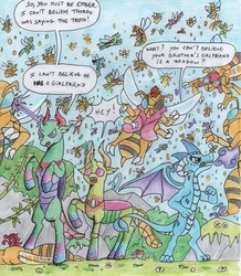 Size: 854x978 | Tagged: safe, artist:kuroneko, derpibooru exclusive, pharynx, princess ember, sting (g1), thorax, changedling, changeling, dragon, wasp, g1, g4, aviator goggles, changeling king, colored pencil drawing, dragoness, eyepatch, female, fight, fire, fire breath, g1 to g4, generation leap, interspecies, king thorax, magic, male, prince pharynx, raised hoof, rearing, ship:embrax, shipping, speech bubble, story included, straight, swarm, traditional art