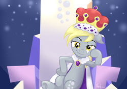 Size: 2000x1400 | Tagged: safe, artist:tina-de-love, derpy hooves, pegasus, pony, a royal problem, g4, crown, female, friendship throne, looking at you, mare, princess derpy, queen derpy, regalia, sitting, smiling, smirk, smug, solo, throne, throne slouch