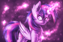 Size: 1800x1200 | Tagged: safe, artist:shad0w-galaxy, twilight sparkle, alicorn, pony, g4, abstract background, chest fluff, female, glowing horn, horn, magic, mare, solo, twilight sparkle (alicorn)