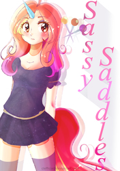 Size: 1193x1693 | Tagged: safe, artist:clefficia, sassy saddles, human, g4, beautiful, blushing, clothes, cute, female, horn, horned humanization, humanized, moe, pleated skirt, sassybetes, skirt, socks, solo, tailed humanization, thigh highs