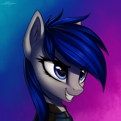 Size: 3000x3000 | Tagged: safe, artist:setharu, oc, oc only, pony, blood, bust, clothes, female, grin, high res, mare, portrait, smiling, solo