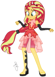 Size: 1477x2048 | Tagged: safe, artist:ilaria122, sunset shimmer, equestria girls, equestria girls series, forgotten friendship, g4, boots, clothes, evening gloves, female, gloves, high heel boots, long gloves, ponied up, shoes, signature, simple background, solo, transparent background
