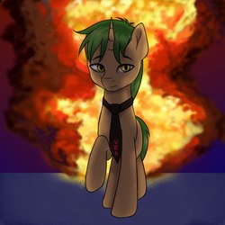 Size: 2160x2160 | Tagged: safe, artist:romablueberry, oc, oc only, pony, unicorn, cool guys don't look at explosions, explosion, high res, male, necktie, solo, stallion
