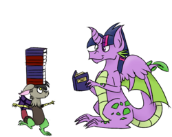 Size: 1000x800 | Tagged: safe, artist:slushnstuff, discord, spike, twilight sparkle, alicorn, draconequus, dragon, pony, g4, ask-clover-the-clever, balancing, book, dragoness, dragonified, duo, female, fusion, simple background, species swap, transparent background, twilidragon, twilight sparkle (alicorn), younger