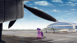 Size: 1600x900 | Tagged: safe, artist:adagiostring, twilight sparkle, alicorn, pony, g4, airport, cloud, female, looking up, mare, plane, runway, sky, solo, tupolev sb-2, twilight sparkle (alicorn)