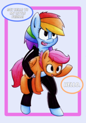 Size: 1750x2500 | Tagged: safe, artist:mustachedbain, rainbow dash, scootaloo, pegasus, pony, g4, bipedal, clothes, colored pencil drawing, cute, cutealoo, dashabetes, dialogue, duo, female, filly, mare, parody, pun, say hello to my little friend, scarface, smiling, speech bubble, traditional art