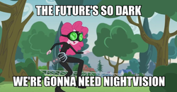 Size: 1200x627 | Tagged: safe, edit, edited screencap, screencap, pinkie pie, equestria girls, g4, my little pony equestria girls: friendship games, pinkie spy (short), cat burglar, catsuit, goggles, grappling hook, image macro, meme, night vision goggles, pinkie spy, rope, sam fisher, sneak 100, splinter cell, stealth, stealth suit
