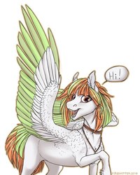 Size: 646x807 | Tagged: safe, artist:dementra369, oc, oc only, pegasus, pony, ear fluff, female, mare, open mouth, raised hoof, simple background, solo, spread wings, white background, wings