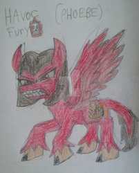 Size: 1024x1275 | Tagged: safe, artist:tobiisabunny, oc, oc only, oc:havoc fury, hybrid, pony, colored pencil drawing, female, gritted teeth, mare, oc villain, red and black oc, simple background, solo, the marevolent six, traditional art, white background, wrath