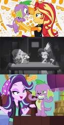 Size: 1754x3408 | Tagged: safe, edit, edited screencap, hundreds of users filter this tag, screencap, rarity, spike, spike the regular dog, starlight glimmer, sunset shimmer, trixie, dog, equestria girls, equestria girls series, g4, angry, bedroom eyes, female, intro, jealous, male, ship:sparity, ship:sparlight, ship:sunsetspike, shipping, sparixie, spike gets all the equestria girls, spike gets all the mares, spixie, straight