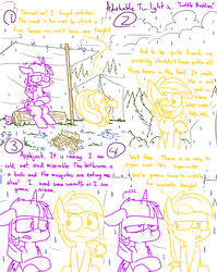 Size: 4779x6013 | Tagged: safe, artist:adorkabletwilightandfriends, applejack, twilight sparkle, alicorn, earth pony, pony, comic:adorkable twilight and friends, g4, absurd resolution, adorkable twilight, ass up, butt, camping, cold, comic, cute, fart joke, forest, freezing, friendship, humor, imminent snuggles, implied farting, jackabetes, lineart, log, nostril flare, nostrils, plot, predicament, rain, rainy coast, shelter, shivering, sitting, slice of life, snot, tent, toilet humor, twilight sparkle (alicorn)
