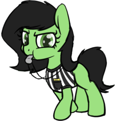 Size: 459x483 | Tagged: safe, artist:skitter, edit, oc, oc only, oc:filly anon, earth pony, pony, blowing whistle, clothes, cute, female, filly, frown, glare, looking at you, puffy cheeks, raised hoof, referee, simple background, solo, transparent background, walking, whistle, whistle necklace
