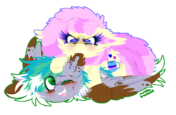 Size: 1024x666 | Tagged: safe, artist:vanillaswirl6, oc, oc only, oc:cirrus fever, oc:vanilla swirl, earth pony, pegasus, pony, biting, blushing, chest fluff, colored pupils, cute, cute little fangs, duo, ear bite, ear fluff, fangs, female, fluffy, glasses, hoof fluff, looking down, looking up, male, mare, markings, one eye closed, open mouth, simple background, sports, spread wings, stallion, transparent background, wings, wink, wrestling