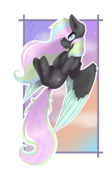 Size: 800x1231 | Tagged: safe, artist:lilrandum, oc, oc only, oc:black butterfly, pegasus, pony, art trade, cutie mark, detailed, detailed background, detailed eyes, detailed hair, female, full body, gray coat, happy, long hair, long mane, mare, open mouth, pastel colors, shading, simple background, sky, solo, sunset, transparent background, white outline