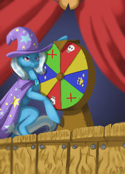 Size: 1024x1420 | Tagged: safe, artist:xaneas, trixie, pony, unicorn, g4, cape, clothes, female, hat, mare, smiling, solo, stage, trixie's cape, trixie's hat, wheel of fortune