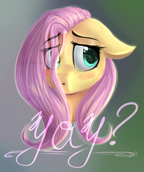 Size: 1024x1219 | Tagged: dead source, safe, artist:freckleplant, fluttershy, pony, g4, blushing, dialogue, eye clipping through hair, female, floppy ears, hair over one eye, looking away, mare, shy, solo, yay