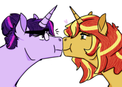 Size: 998x714 | Tagged: safe, artist:lydisanowl, sci-twi, sunset shimmer, twilight sparkle, pony, unicorn, equestria girls, g4, boop, cute, equestria girls ponified, female, heart, lesbian, looking at each other, noseboop, ponified, shimmerbetes, ship:sci-twishimmer, ship:sunsetsparkle, shipping, simple background, surprised, transparent background, twiabetes, unicorn sci-twi