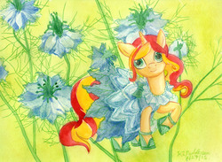 Size: 3547x2593 | Tagged: safe, artist:kelseyleah, sunset shimmer, pony, unicorn, g4, clothes, dress, female, flower, high res, mare, solo, traditional art