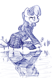 Size: 599x872 | Tagged: safe, artist:shoeunit, cheerilee, earth pony, pony, g4, clothes, female, flower, flower in hair, mare, school uniform, sitting, solo, traditional art