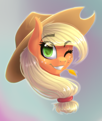 Size: 1024x1219 | Tagged: dead source, safe, artist:freckleplant, applejack, earth pony, pony, g4, bust, eye clipping through hair, female, gradient background, grin, looking at you, one eye closed, portrait, smiling, solo, straw, straw in mouth, wink
